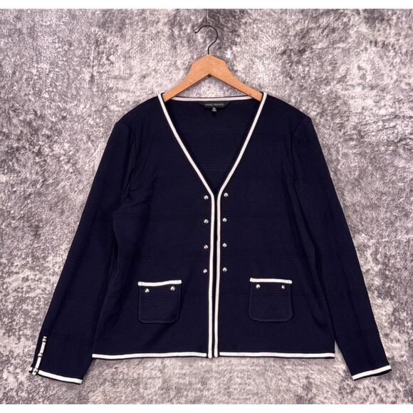 Ming Wang Jacket XL Womens Navy Blue Piped Knitted Cardigan - Picture 1 of 8